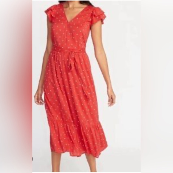 Old Navy Size M Red Halter Maxi Dress with Ruffled Tie Front V-Neck Cross Front - Picture 1 of 11